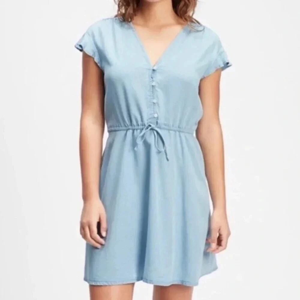 GAP Chambray Light Blue V‑Neck Drawstring Mini Dress